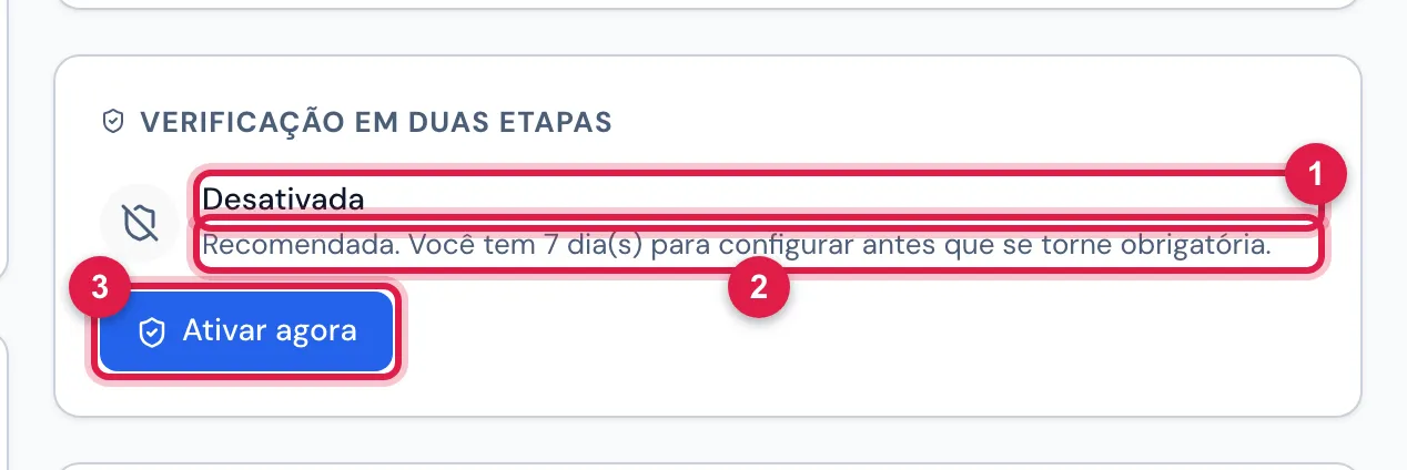 Meu Perfil › Verificação em Duas Etapas antes de ativar: a situação Desativada, o lembrete do prazo e o botão Ativar agora.