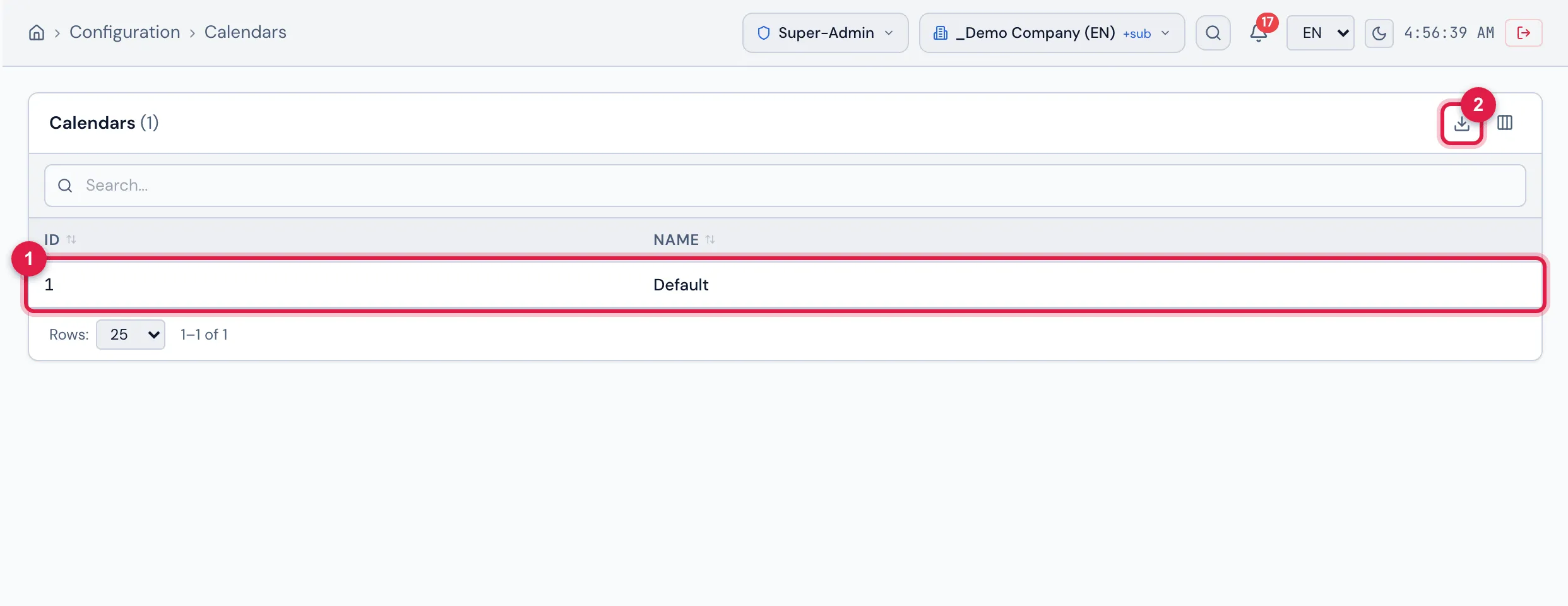 Configuration › Calendars: the list with the ID and Name of each calendar.