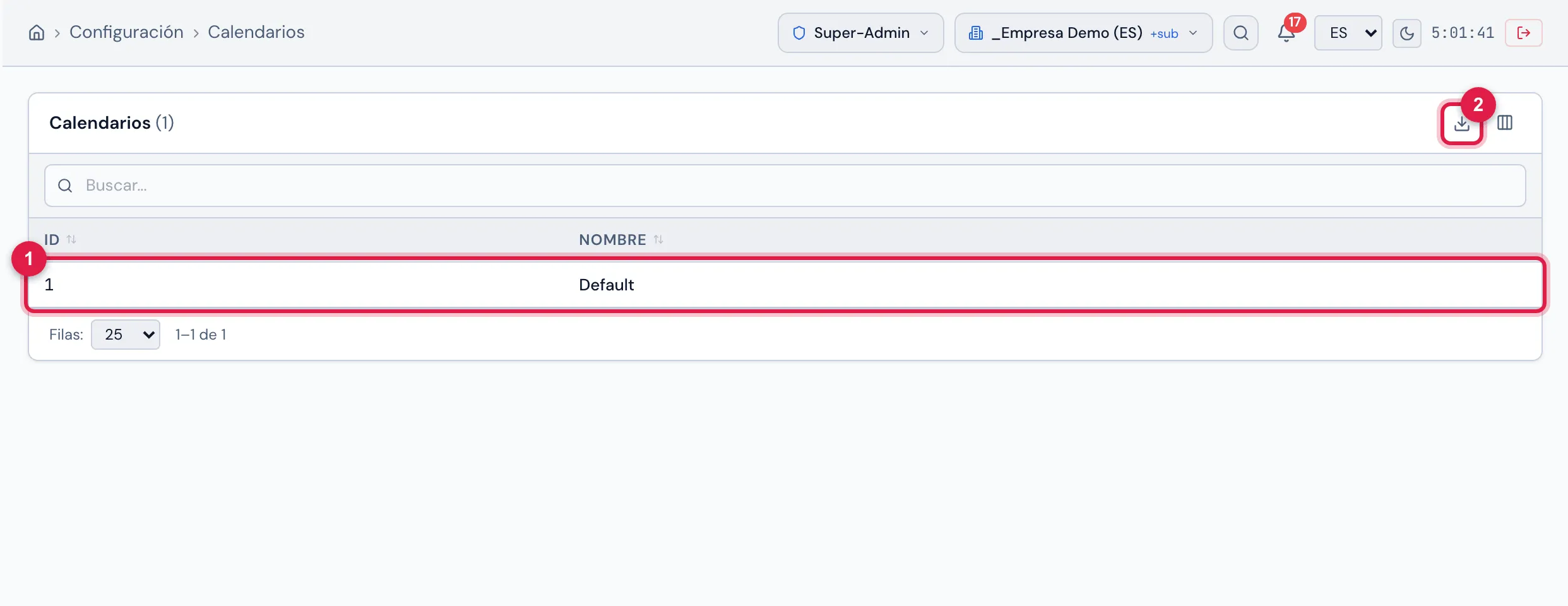 Configuración › Calendarios: la lista con ID y Nombre de cada calendario.
