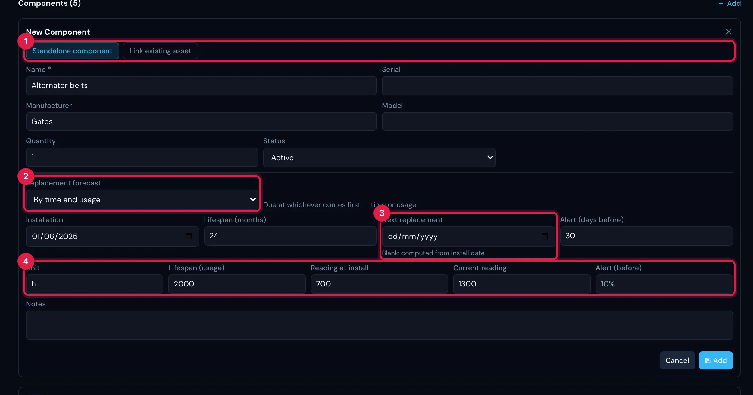 The New Component form with the By time and usage forecast (the alternator belts): Installation, Lifespan (months), Next replacement, Alert (days before), Unit, Lifespan (usage), Reading at install, Current reading and Alert (before).