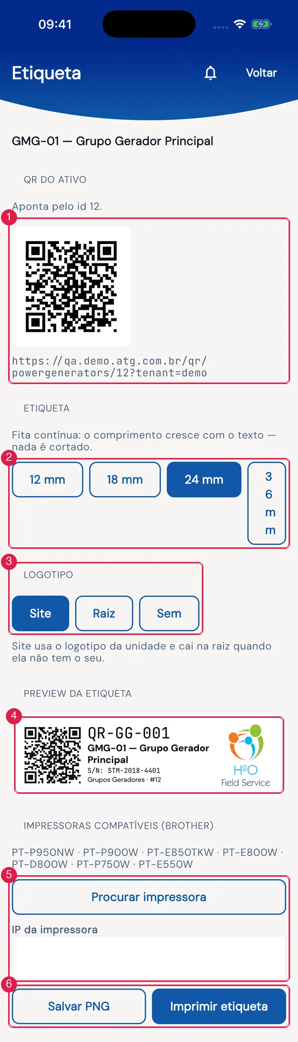 A tela de etiqueta: QR do ativo, fitas, logotipo, a preview e, abaixo, as impressoras compatíveis, Procurar impressora, IP da impressora, Imprimir etiqueta e Salvar PNG.