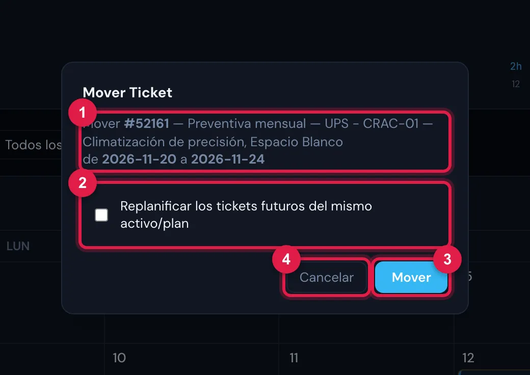 La ventana Mover Ticket, abierta al soltar el ticket en otro día: la fecha de origen y la de destino, la opción de replanificar los futuros y los botones.