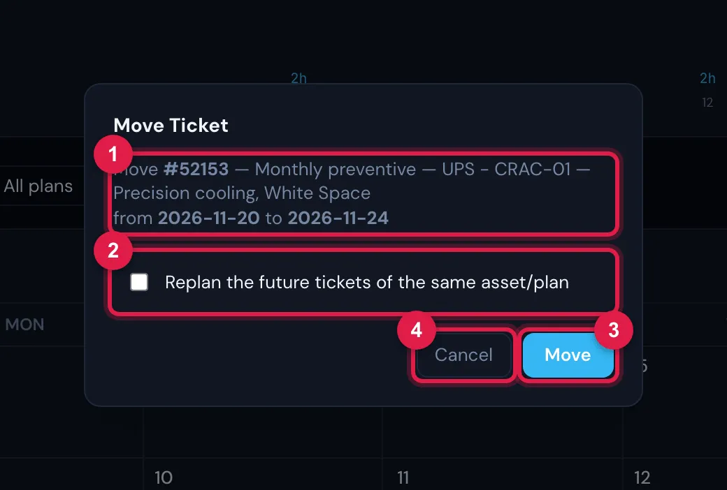 The Move Ticket window, opened when dropping the ticket on another day: the source and target dates, the option to replan the future ones and the buttons.