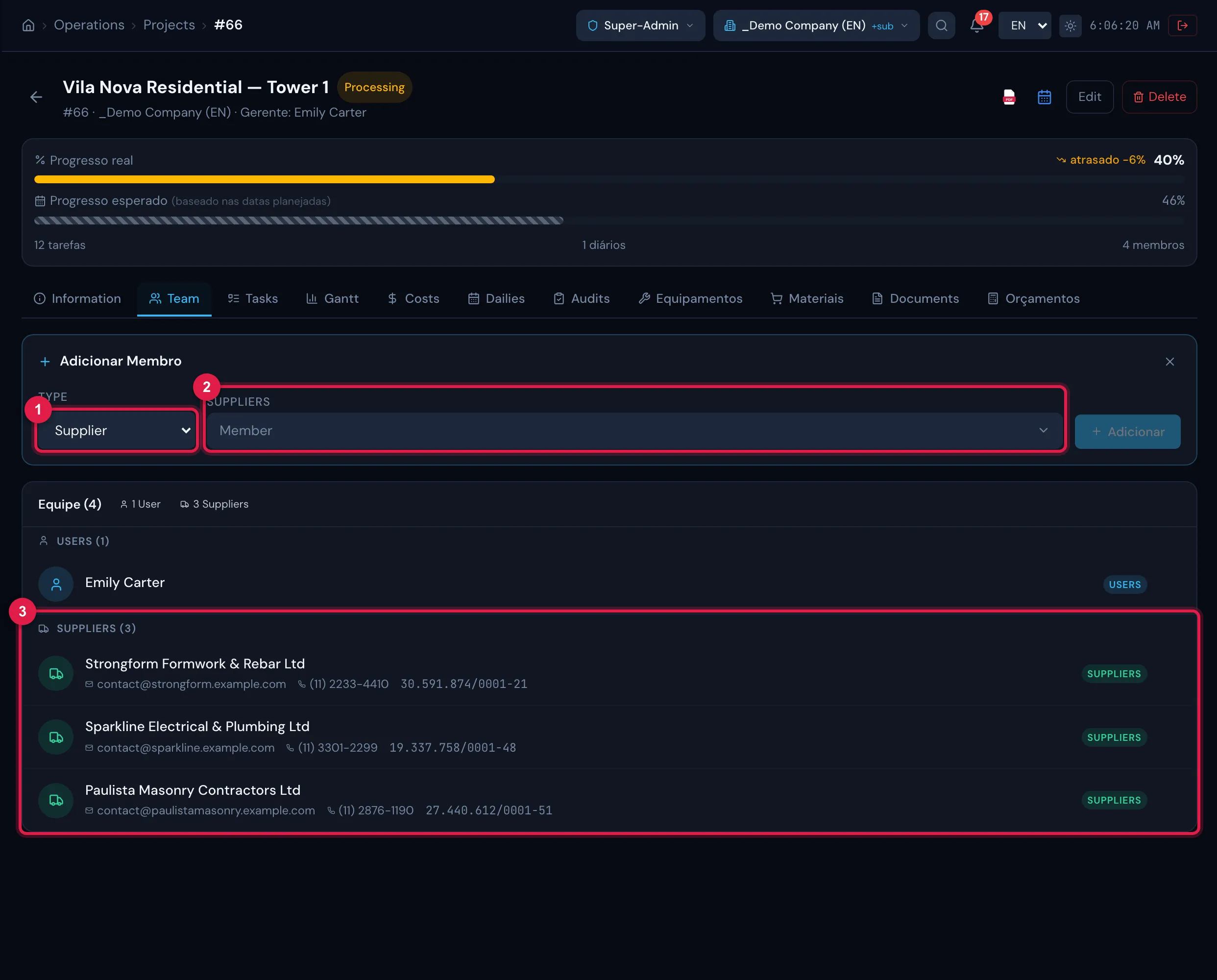 Project › Team tab with the Supplier type chosen and three contractors already in the team.