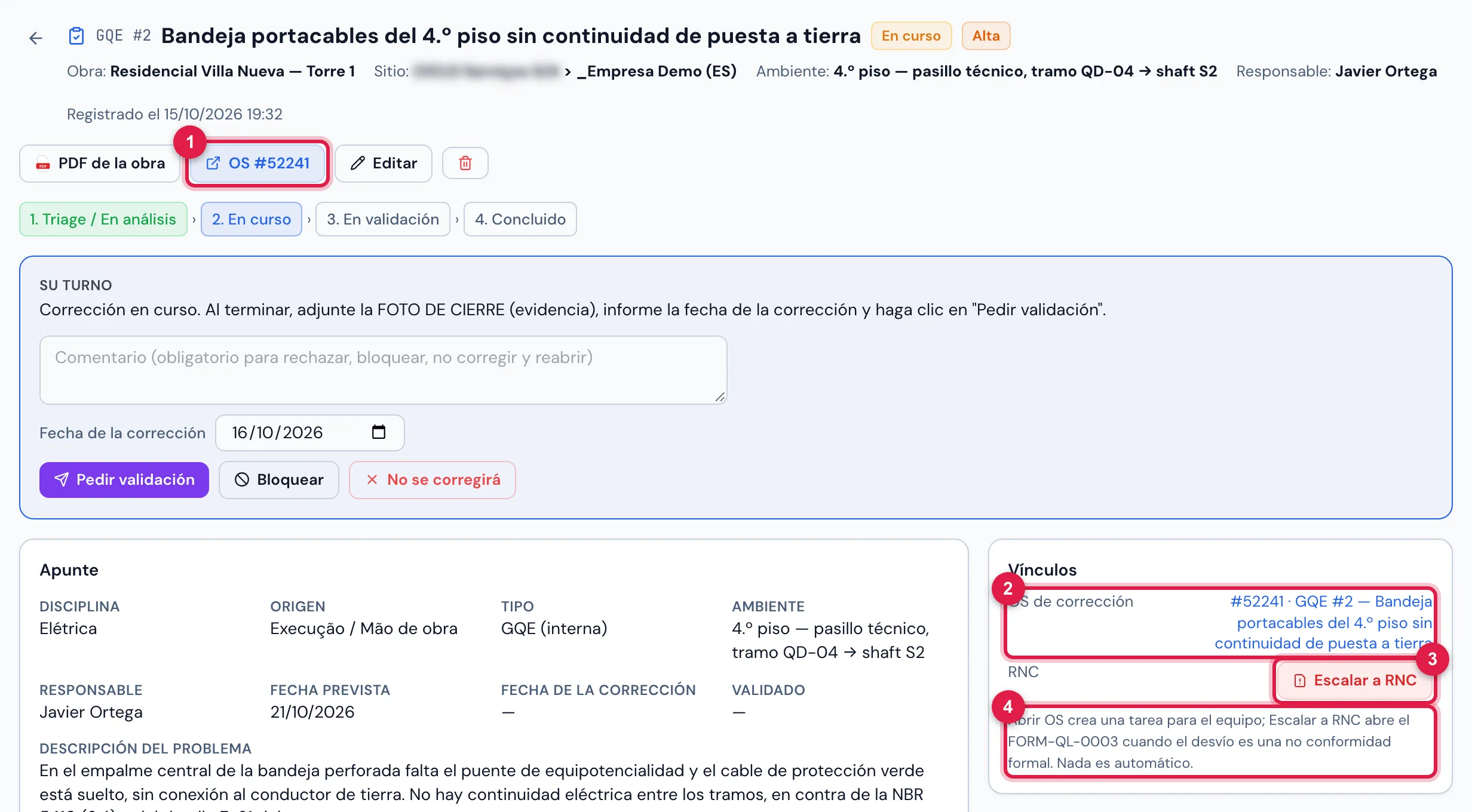 El GQE #2 "Bandeja portacables del 4.º piso sin continuidad de puesta a tierra", con la OS de corrección abierta: el número de la OS en el encabezado y en el cuadro Vínculos.