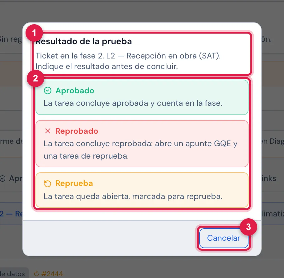 El diálogo Resultado de la prueba, abierto por la casilla de concluir de la tarea de reprueba del CRAC-03 en el ticket de recepción (L2) de las unidades CRAC.