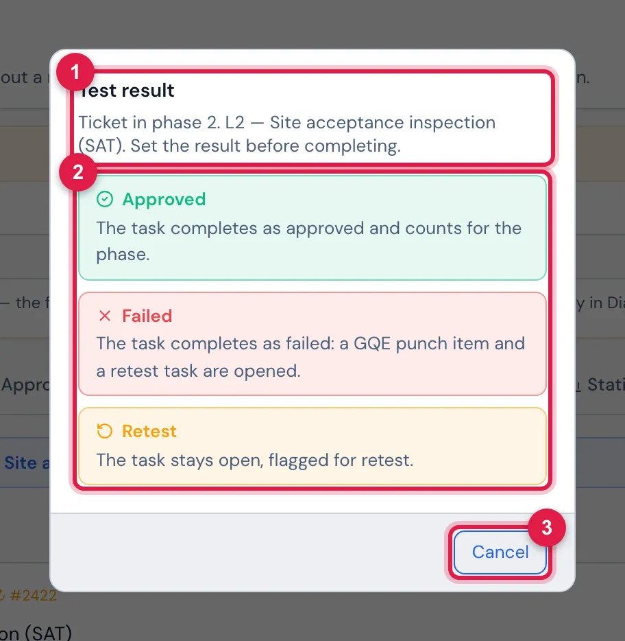 The Test result dialog, opened by the complete checkbox of the CRAC-03 retest task in the receiving (L2) ticket of the CRAC units.