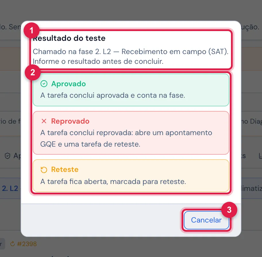 O diálogo Resultado do teste, aberto pelo quadrado de concluir da tarefa de reteste do CRAC-03 no chamado de recebimento (L2) dos CRACs.
