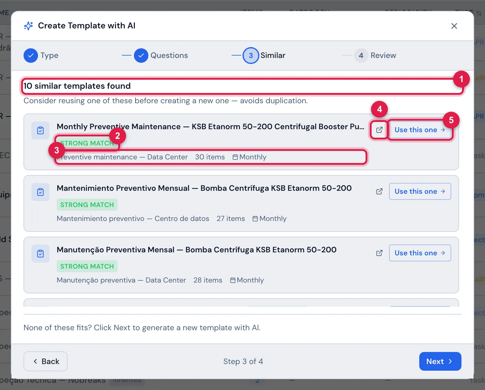 Step 3 of a preventive for the booster pump: the preventive template generated earlier by the assistant, Monthly Preventive Maintenance — KSB Etanorm 50-200 Centrifugal Booster Pump, comes first, as Strong match; right below are the templates the assistant generated in the Spanish and Portuguese demo companies (the similarity search looks at every company) and, scrolling the list, Monthly infrastructure inspection — Data Center and Mechanical seal replacement — booster pump.