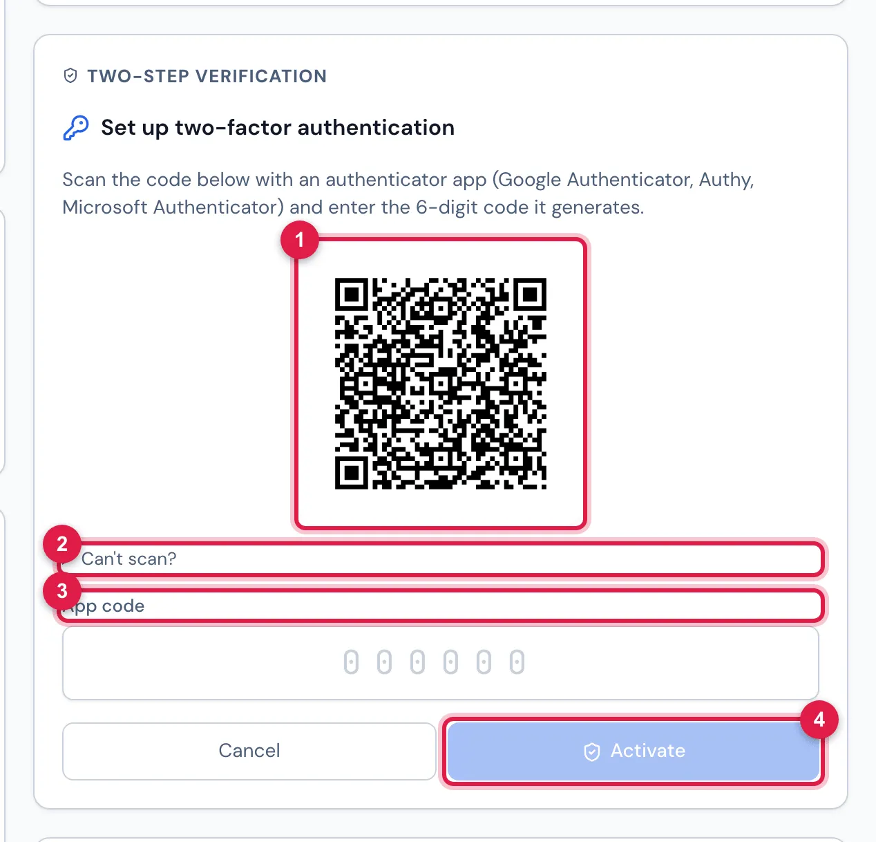 After Turn on now: Set up two-factor authentication, with the QR code for the authenticator app, Can't scan?, the App code field and the Cancel and Activate buttons (the latter is only enabled with the 6 digits).
