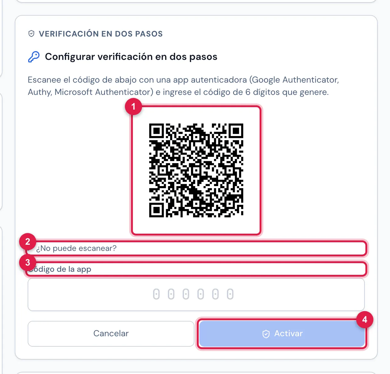 Después de Activar ahora: Configurar verificación en dos pasos, con el código QR para la app autenticadora, ¿No puede escanear?, el campo Código de la app y los botones Cancelar y Activar (este solo se habilita con los 6 dígitos).