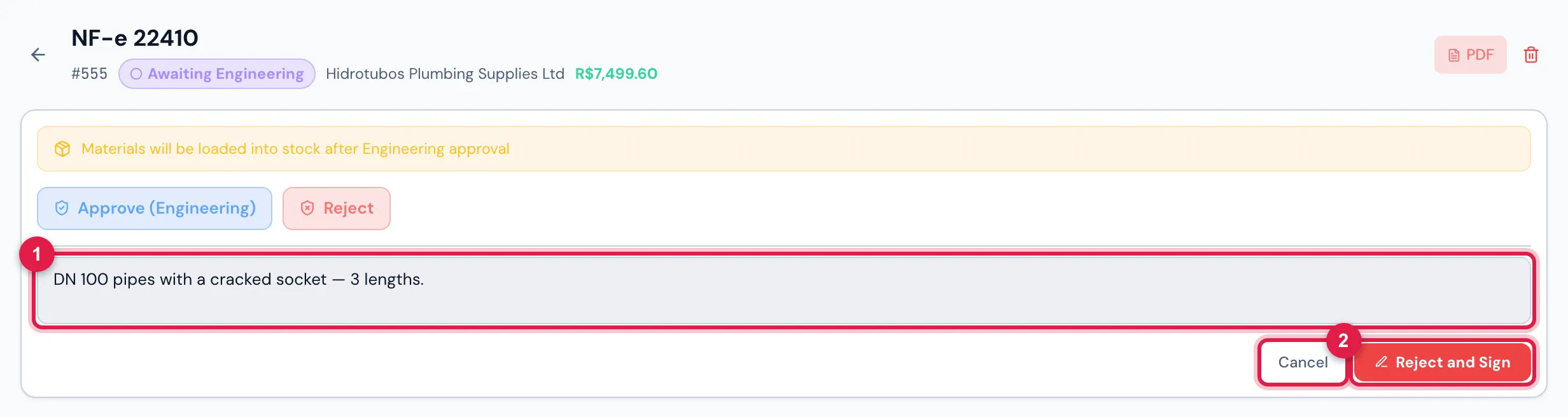 Engineering rejecting invoice 22410, with the reason filled in.