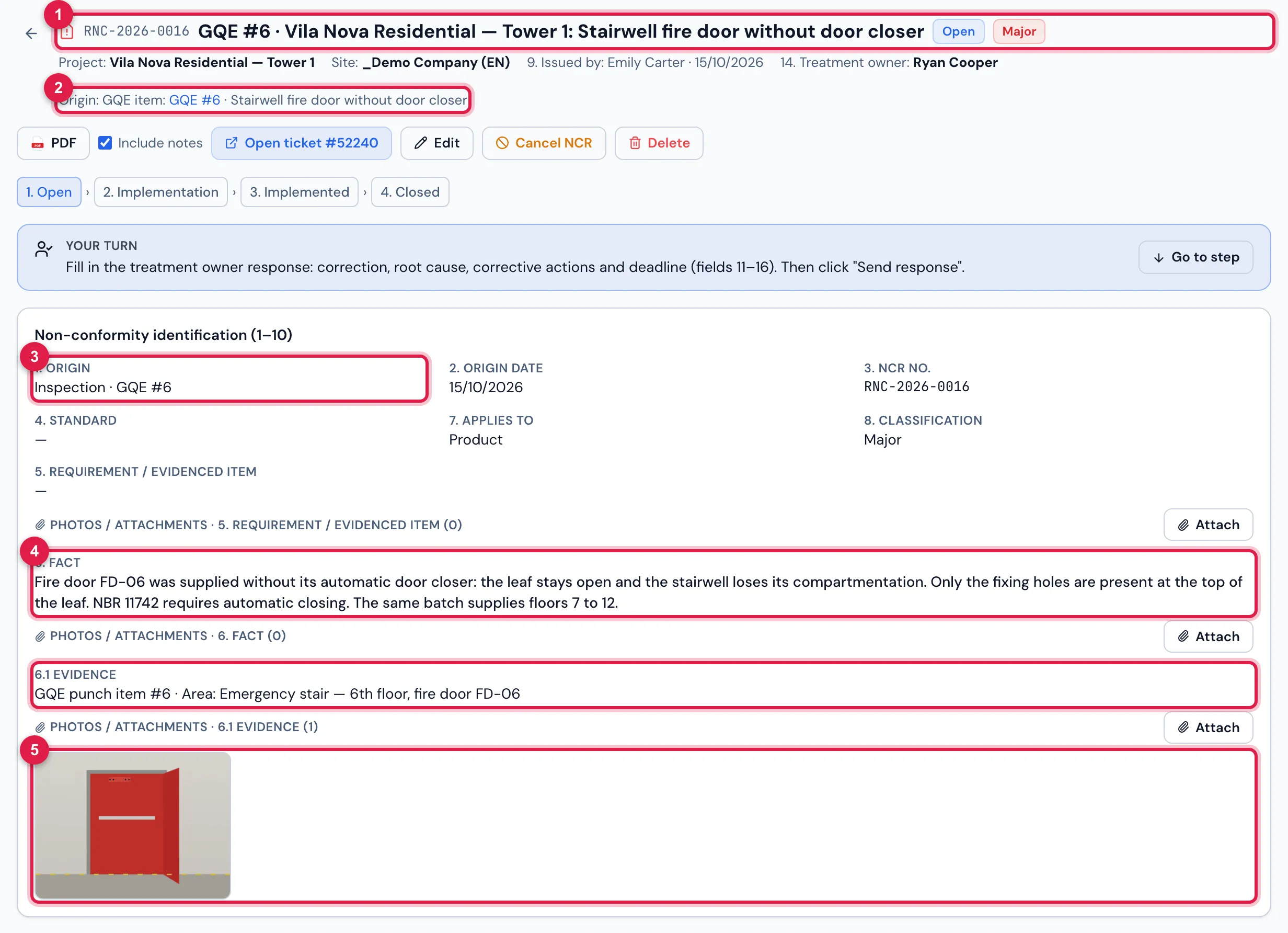 RNC-2026-0016, opened from GQE #6 "Stairwell fire door without door closer" (Critical priority → Major classification): title, origin, fact and evidence coming from the item, and the way back to it.