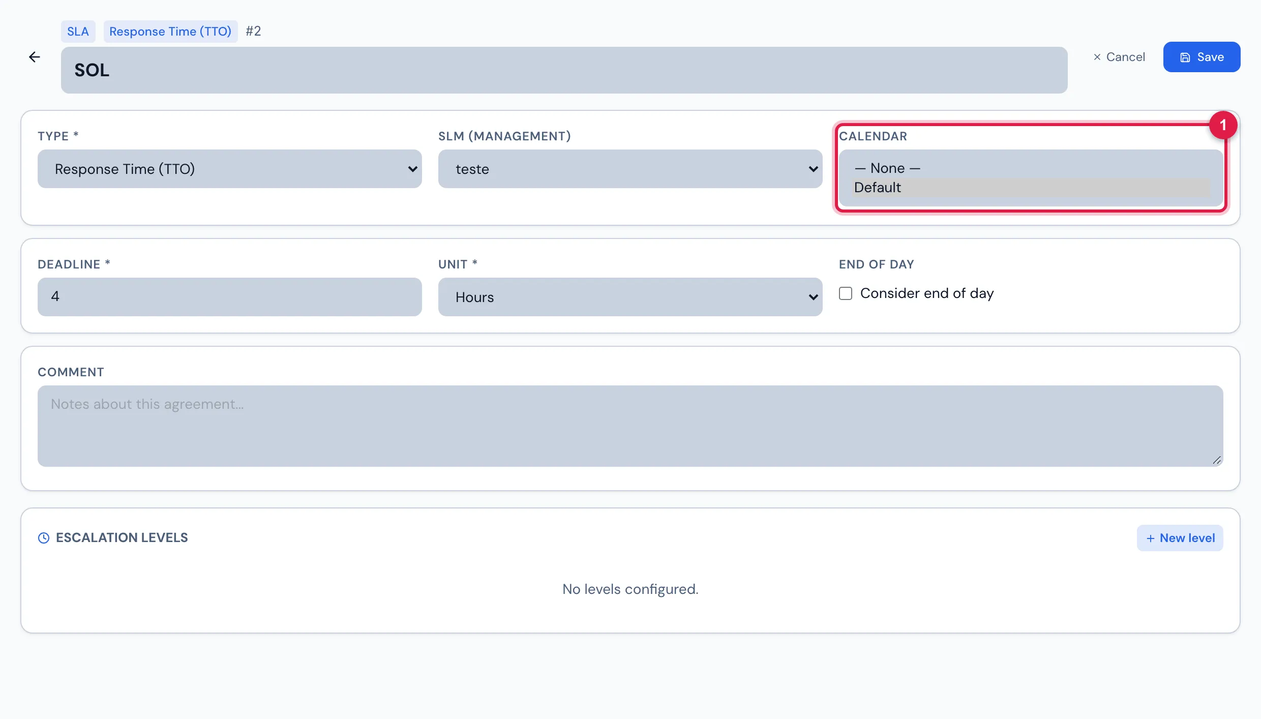 ITIL › Service Levels › an SLA being edited: the Calendar field, with the company's calendars and — None —.