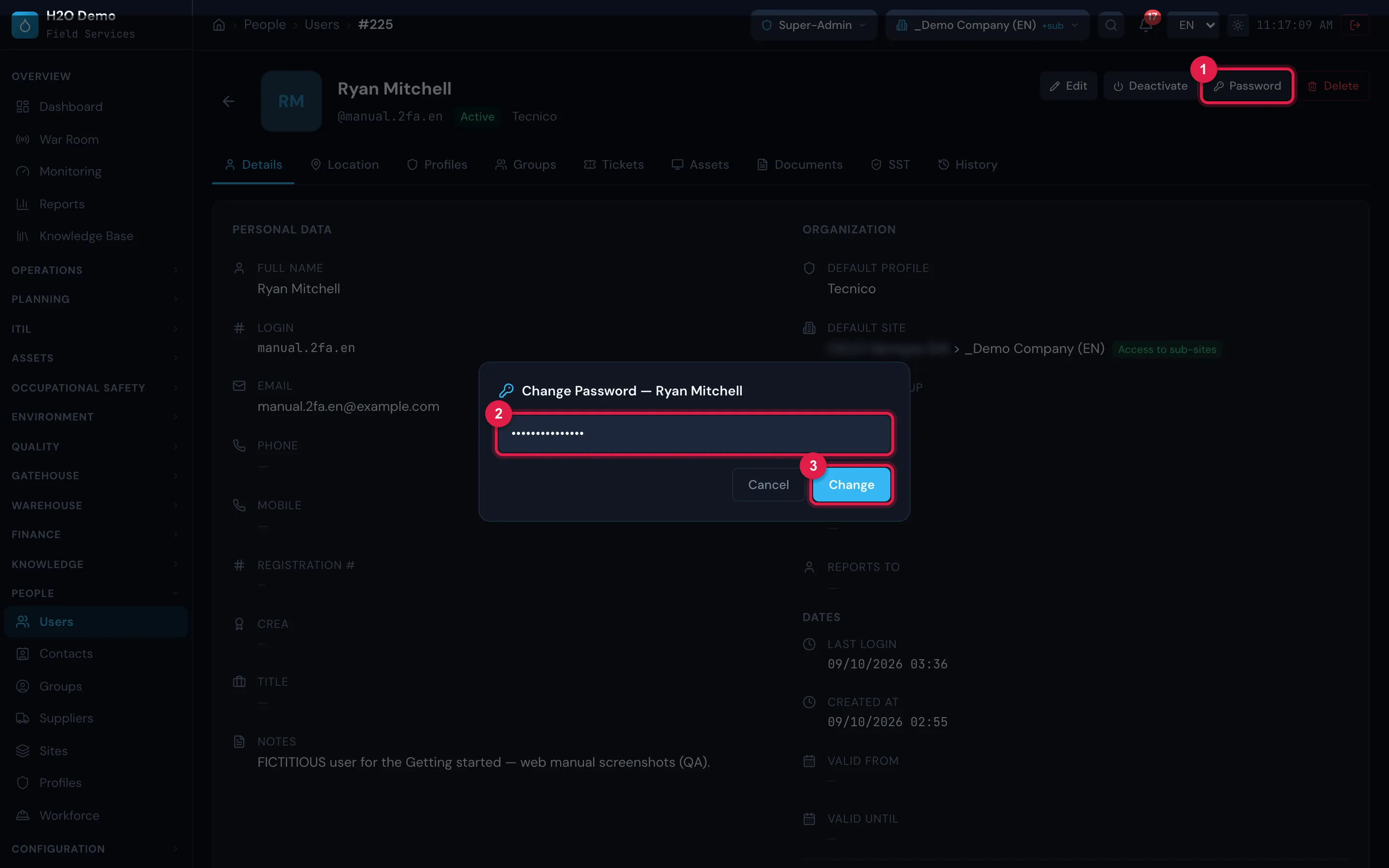 A user record in People › Users: the Password button at the top and the Change Password — window followed by the user name (here, Ryan Mitchell), with the New password (min. 6 characters) field filled in and the Cancel and Change buttons.