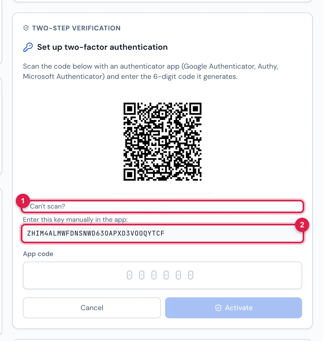 Can't scan? open: Enter this key manually in the app: and the key, for when the QR cannot be read.