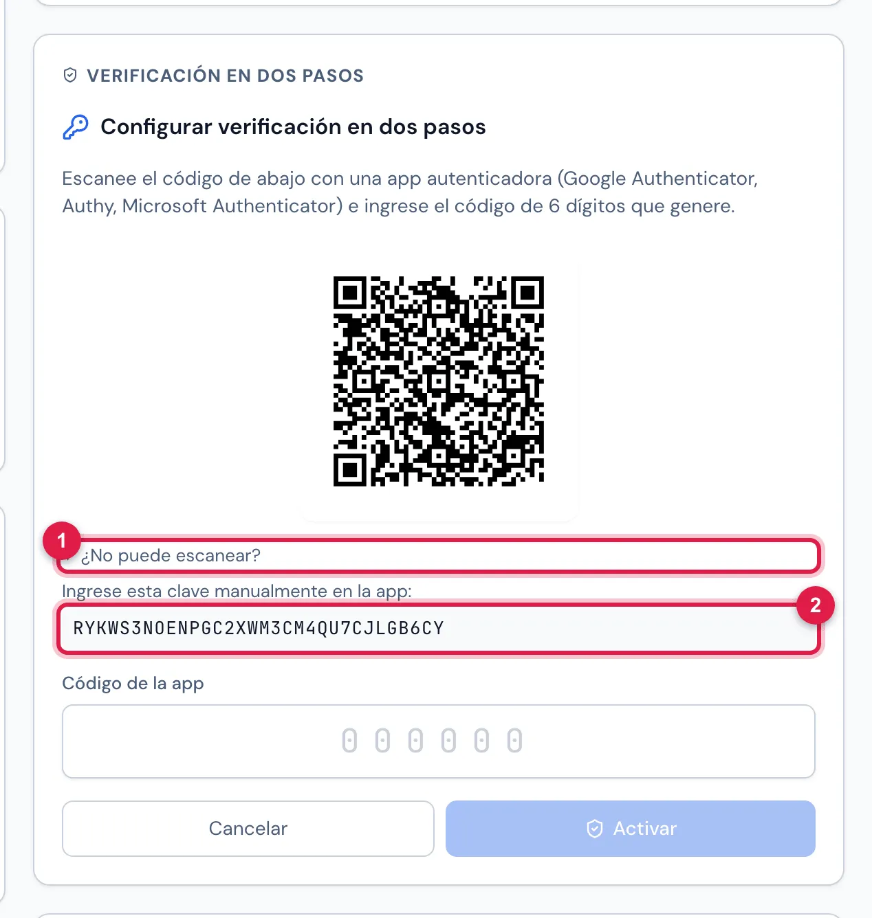 ¿No puede escanear? abierto: Ingrese esta clave manualmente en la app: y la clave, para cuando el QR no se pueda leer.