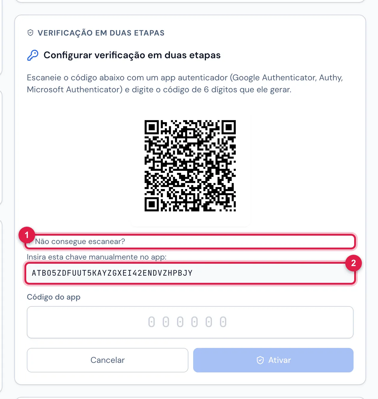 Não consegue escanear? aberto: Insira esta chave manualmente no app: e a chave, para quando o QR não puder ser lido.