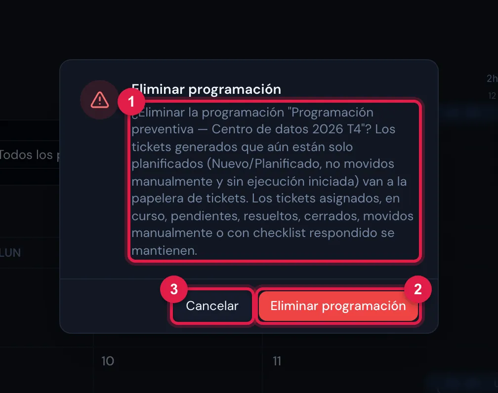 La confirmación de Eliminar programación: explica qué tickets van a la papelera y cuáles quedan.