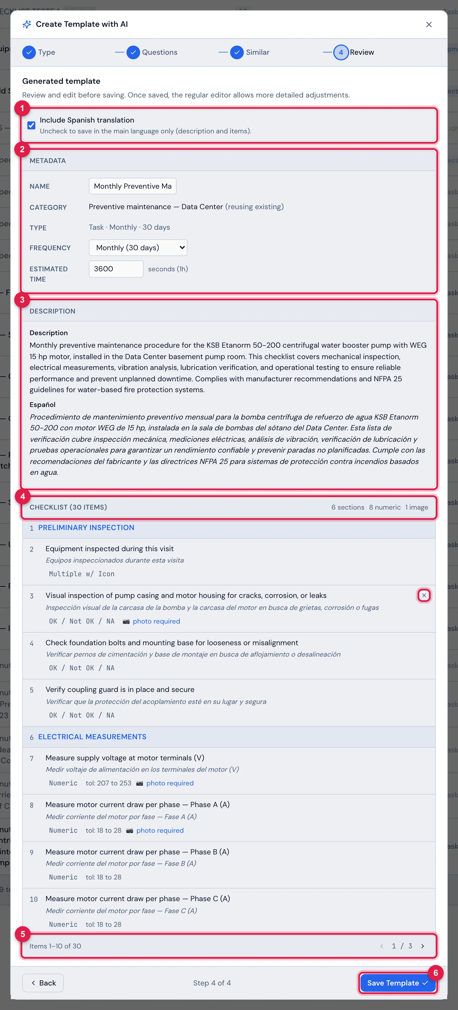 Step 4: the template generated for the pump preventive — the name, the existing category by name (Preventive maintenance — Data Center, reusing existing), the type, the frequency, the estimated time, the description and the checklist, 10 items per page.