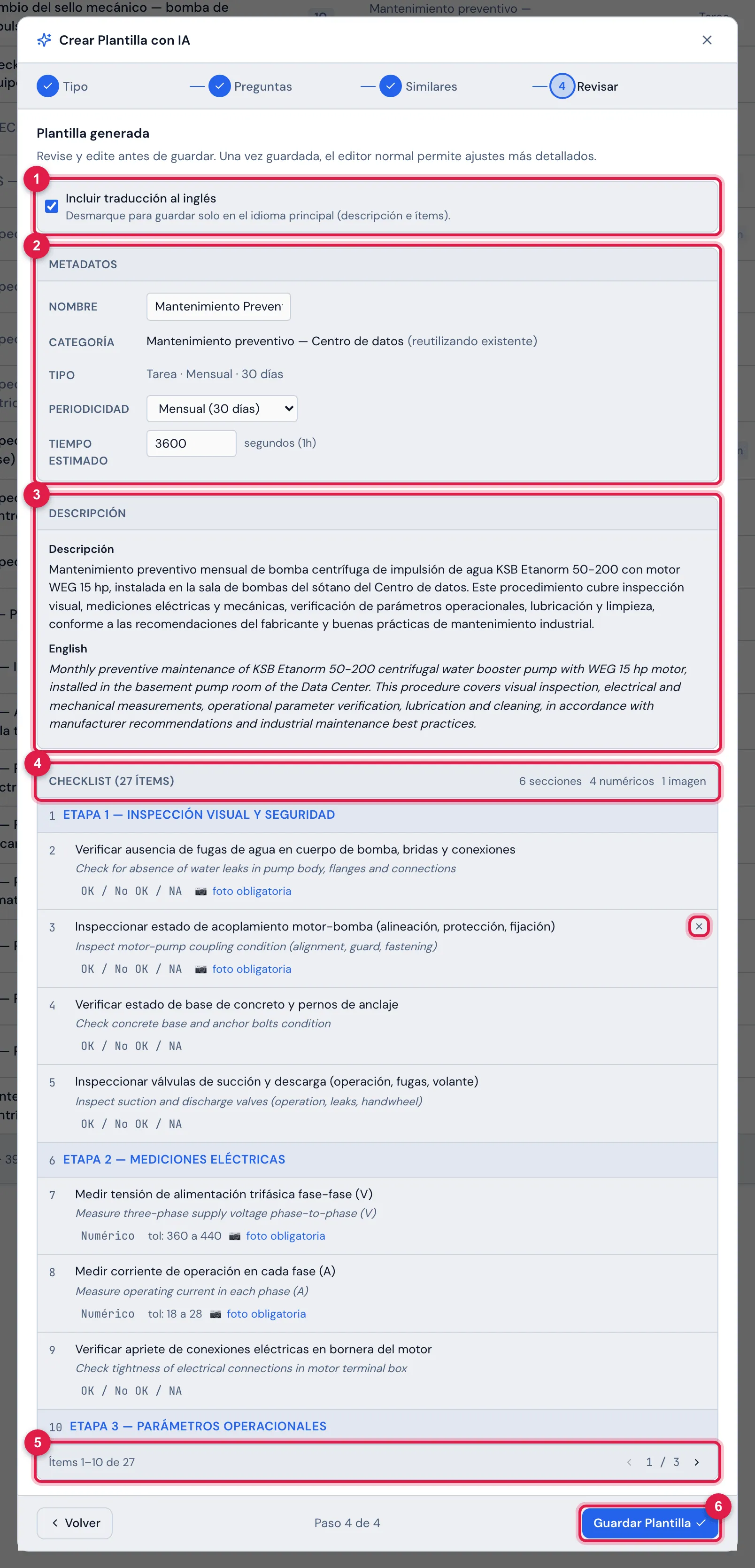 Paso 4: la plantilla generada para la preventiva de la bomba — el nombre, la categoría existente por nombre (Mantenimiento preventivo — Centro de datos, reutilizando existente), el tipo, la periodicidad, el tiempo estimado, la descripción y el checklist, 10 ítems por página.