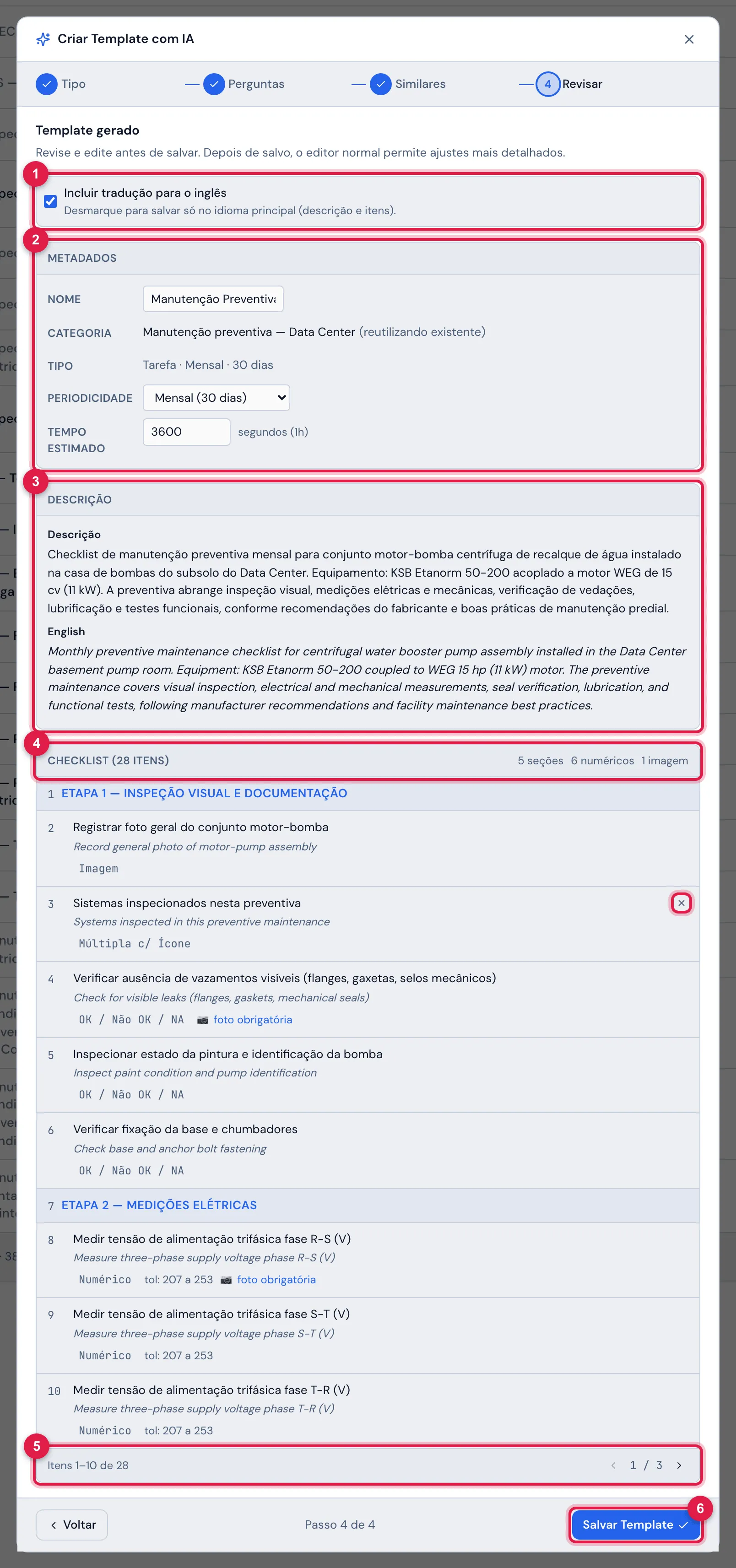 Passo 4: o modelo gerado para a preventiva da bomba — o nome, a categoria existente pelo nome (Manutenção preventiva — Data Center, reutilizando existente), o tipo, a periodicidade, o tempo estimado, a descrição e o checklist, 10 itens por página.