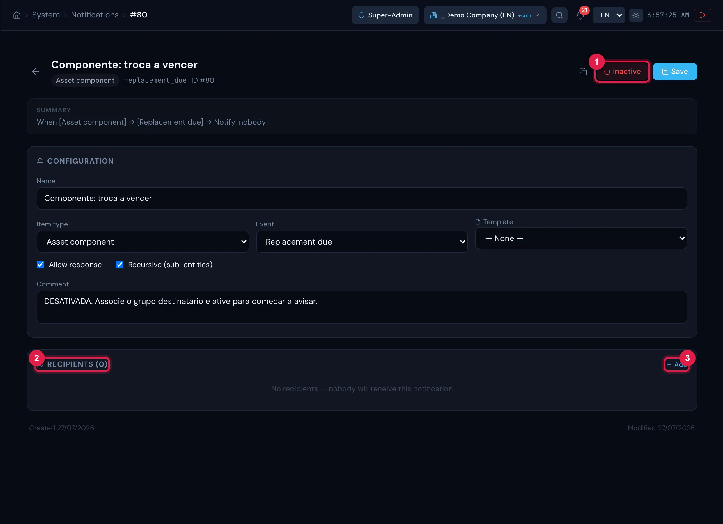 The rule Componente: troca a vencer open in System › Notifications: the Summary ("When [...] → Notify: nobody"), the configuration and the empty Recipients section, with Add; at the top, the Inactive button.