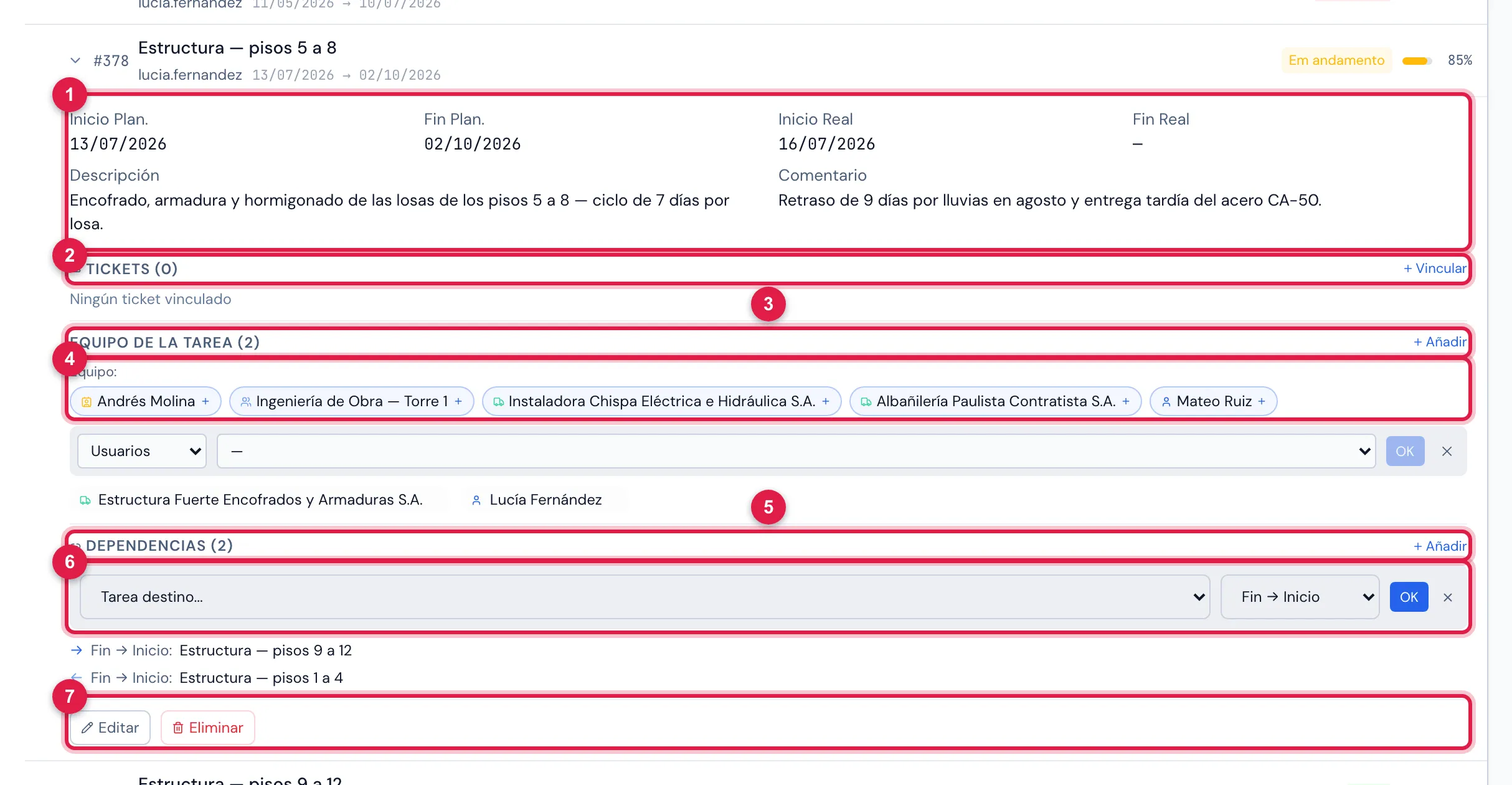 La tarea Estructura — pisos 5 a 8 expandida: fechas, descripción y comentario, Tickets, Equipo de la Tarea (Lucía Fernández y el proveedor Estructura Fuerte Encofrados y Armaduras) con las sugerencias del equipo del proyecto, y Dependencias (← Estructura — pisos 1 a 4, → Estructura — pisos 9 a 12) con el panel de nueva dependencia abierto.