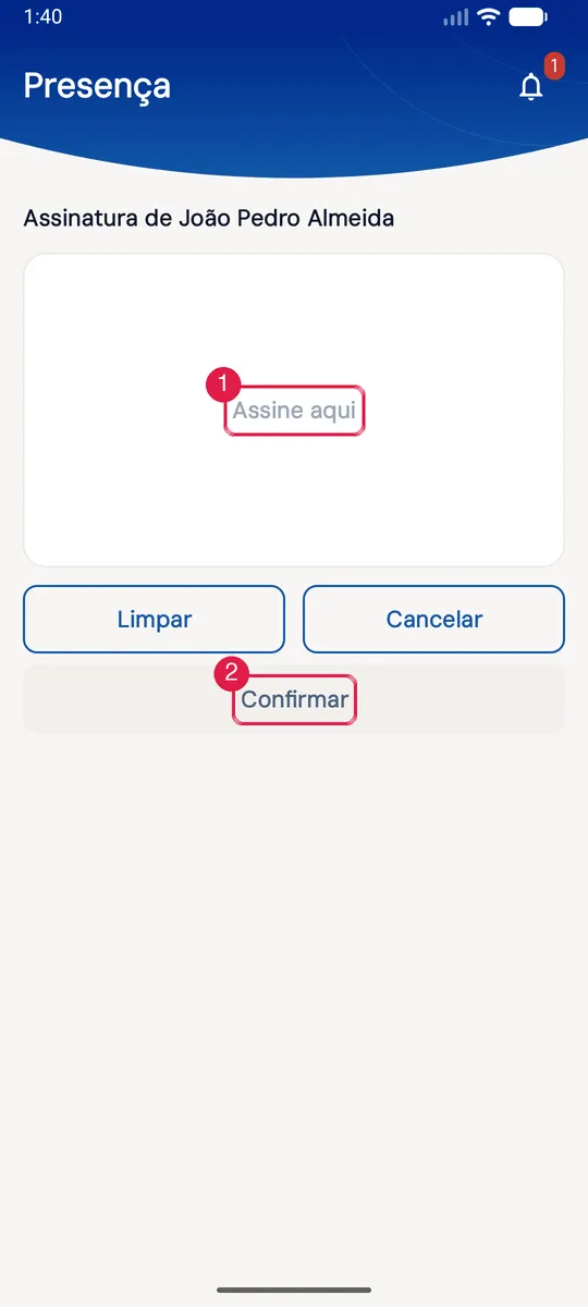 A prancheta de assinatura do app ("Assinatura de <nome>", Limpar, Cancelar, Confirmar) é a mesma para presença, ciência da equipe, executantes, EPI e revalidação da PT.