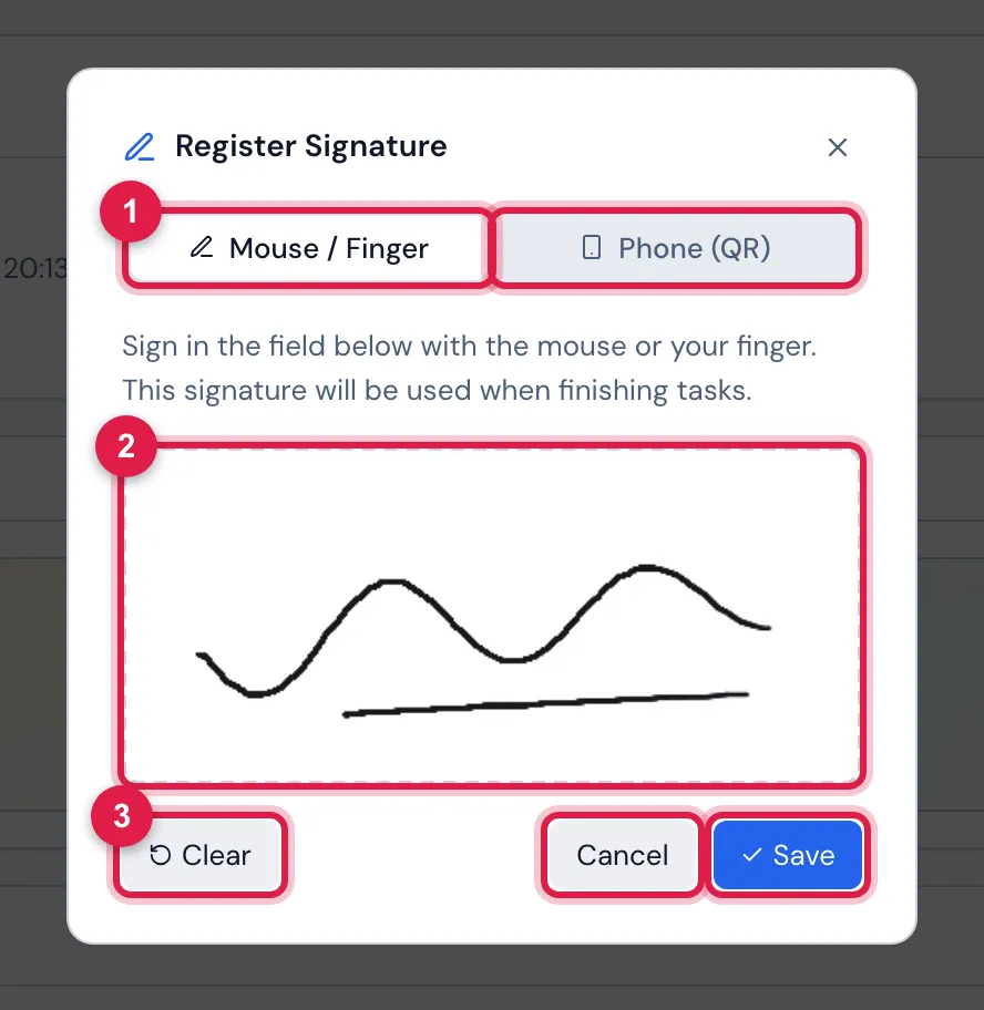 Whoever approves without a registered signature sees Register Signature when clicking Approve.