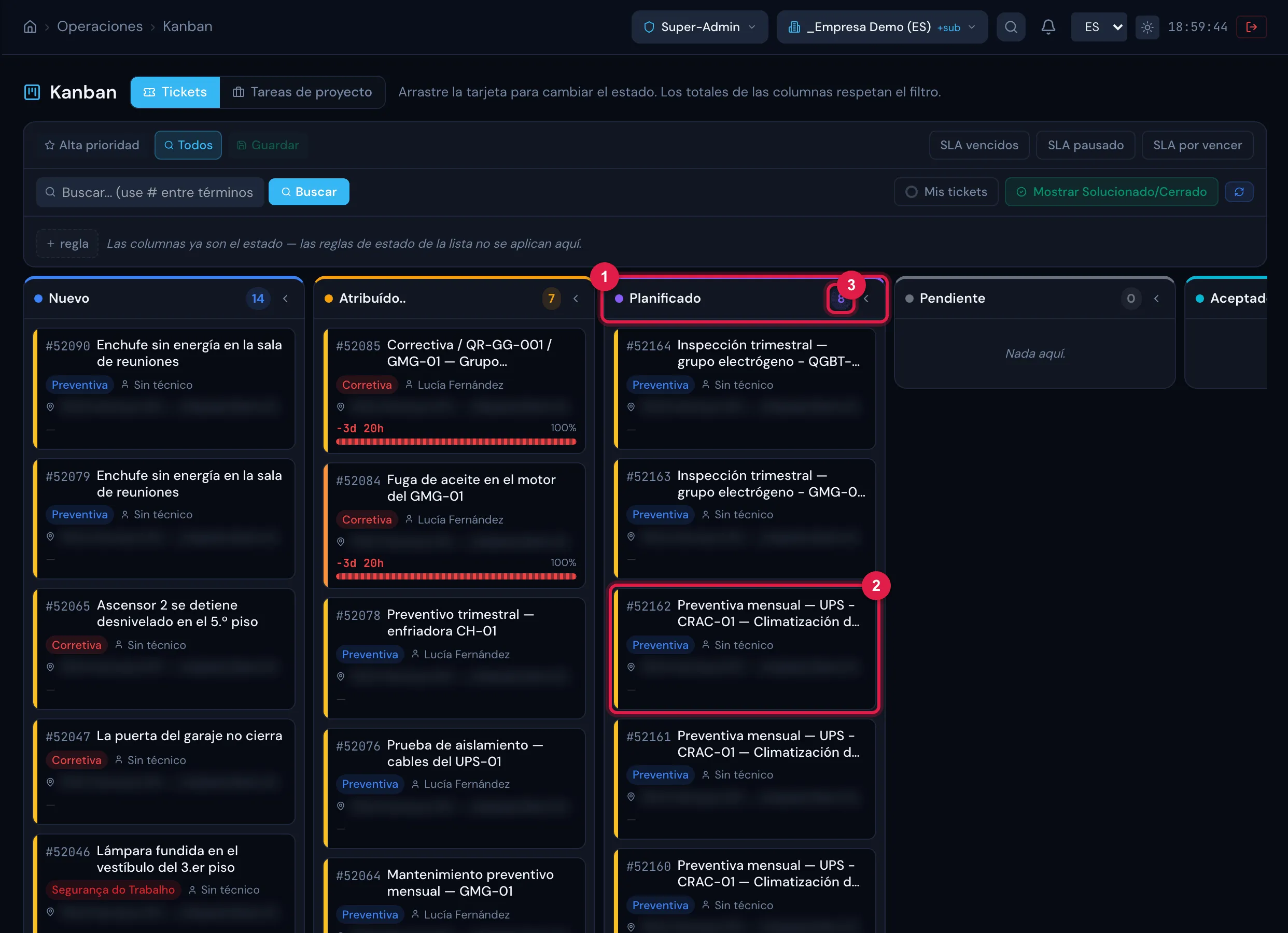 Operaciones › Kanban, pestaña Tickets: la columna Planificado con los tickets generados por la programación (los más recientes), junto con los demás tickets planificados del sitio.