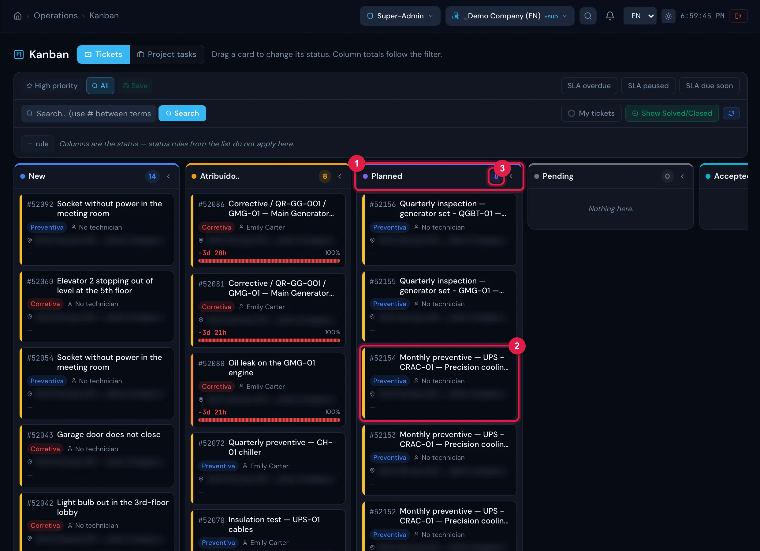 Operations › Kanban, Tickets tab: the Planned column with the tickets generated by the schedule (the most recent ones), together with the site's other planned tickets.