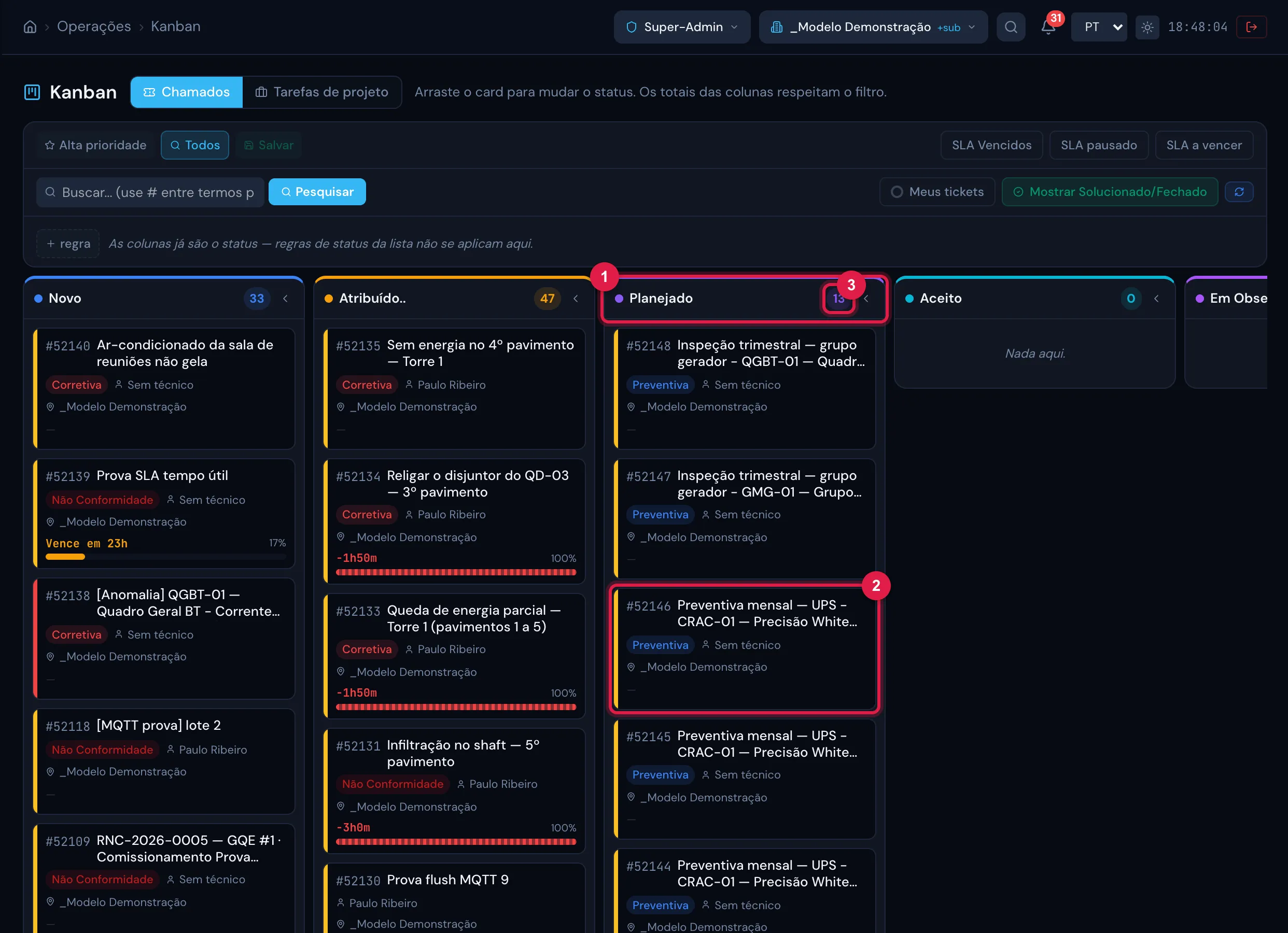 Operações › Kanban, aba Chamados: a coluna Planejado com os chamados gerados pela programação (os mais recentes), junto com os demais chamados planejados do site.