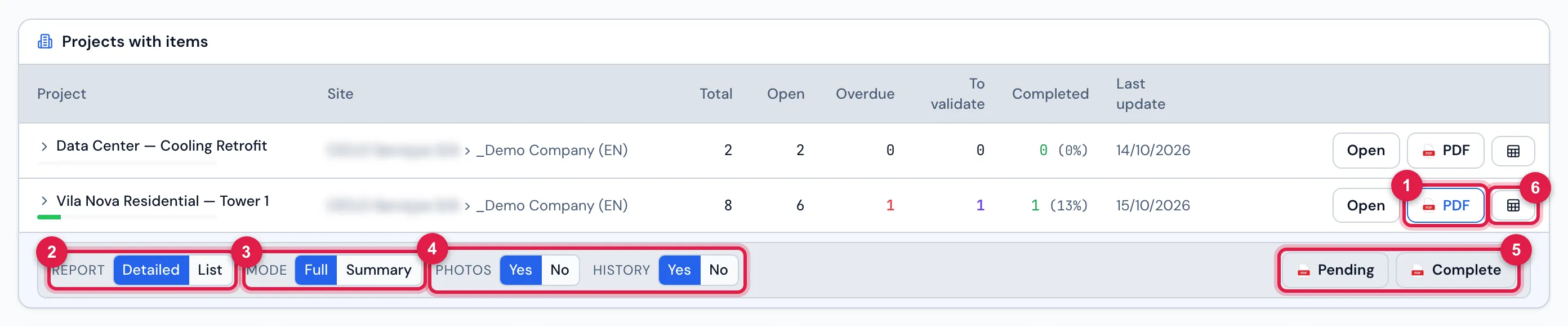 The PDF button of the Vila Nova Residential — Tower 1 row opens the options right below it.