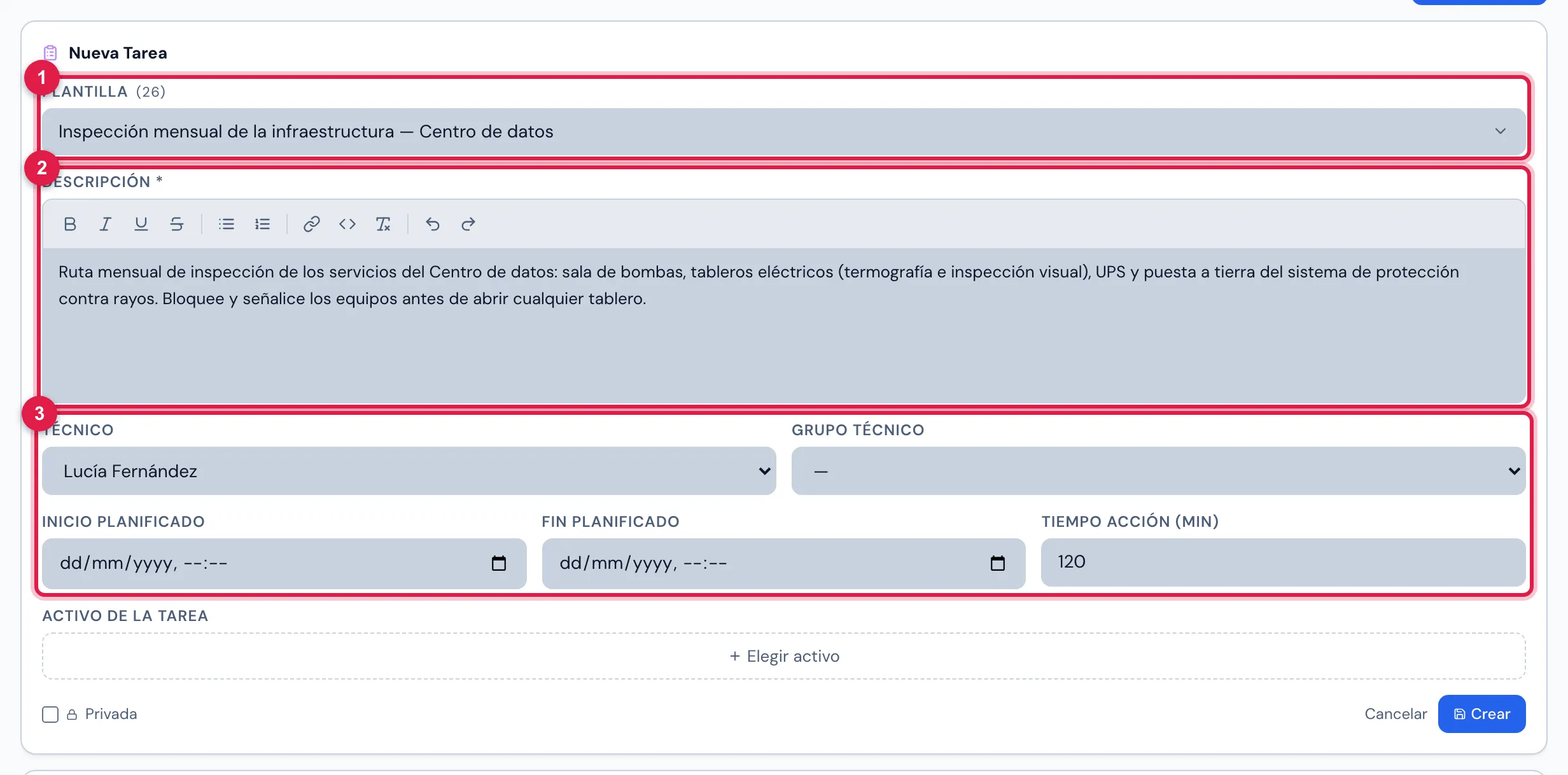 Pestaña Tareas del ticket Inspección mensual de la infraestructura — octubre 2026: nueva tarea con la plantilla Inspección mensual de la infraestructura — Centro de datos elegida en Plantilla — la descripción, la técnica y la duración vinieron de la plantilla.
