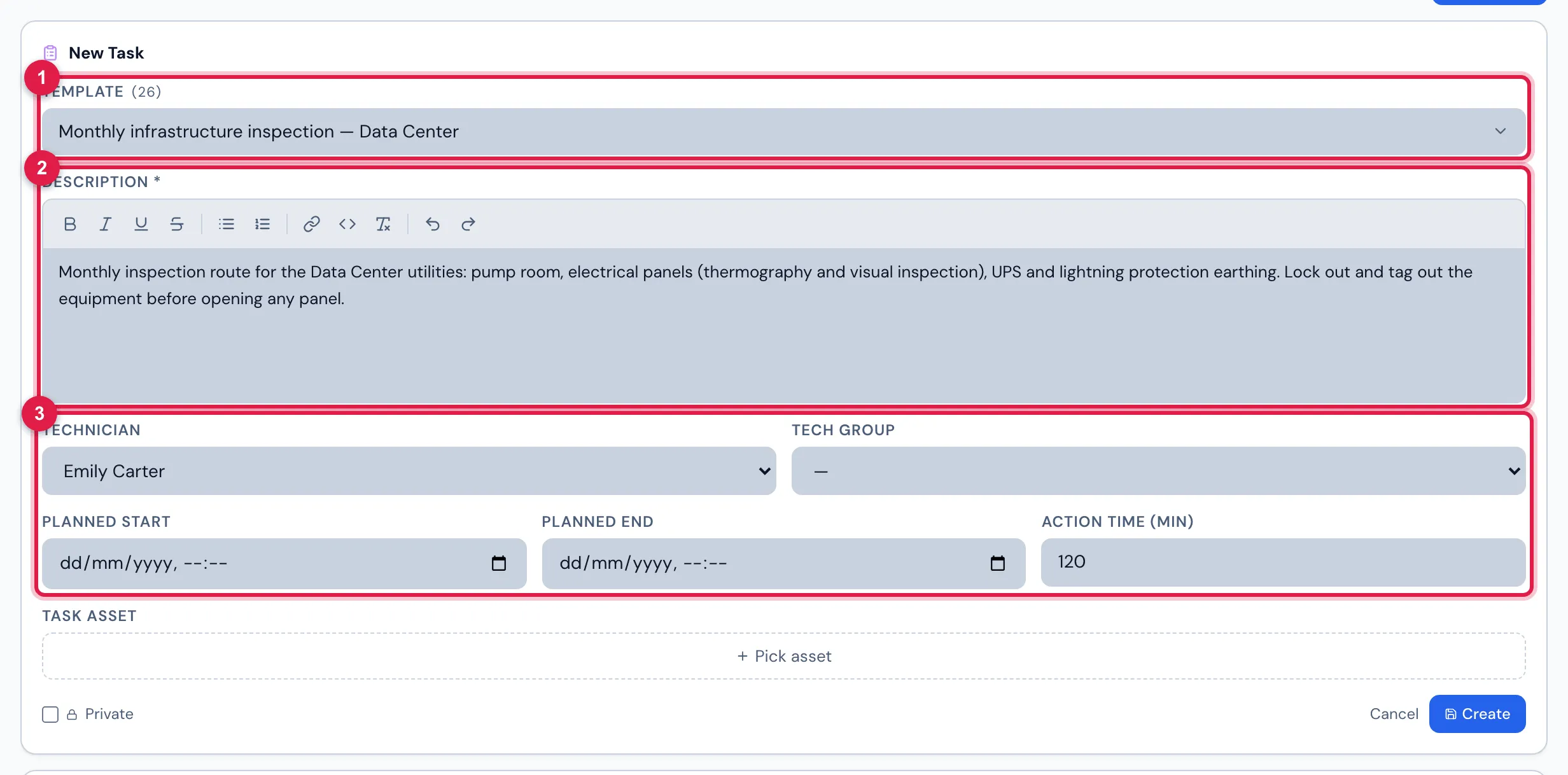 Tasks tab of the ticket Monthly infrastructure inspection — October 2026: a new task with the template Monthly infrastructure inspection — Data Center chosen in Template — the description, the technician and the duration came from the template.