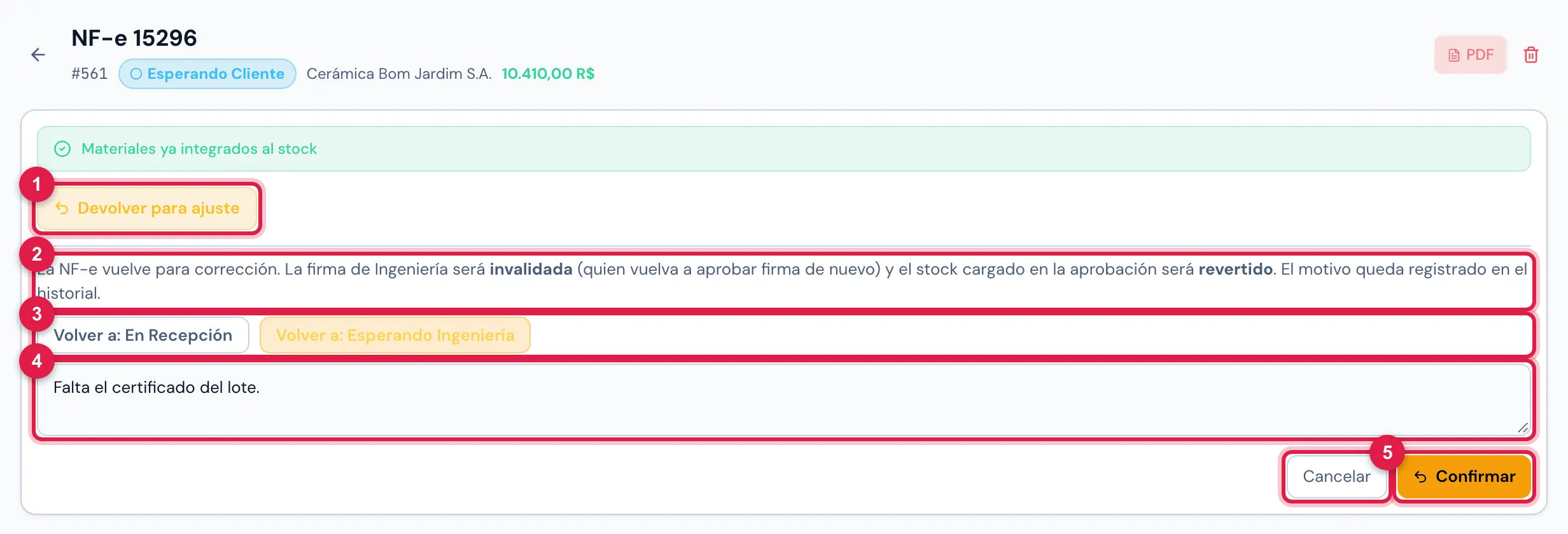 Devolver para ajuste en la factura 15296, Esperando Cliente.