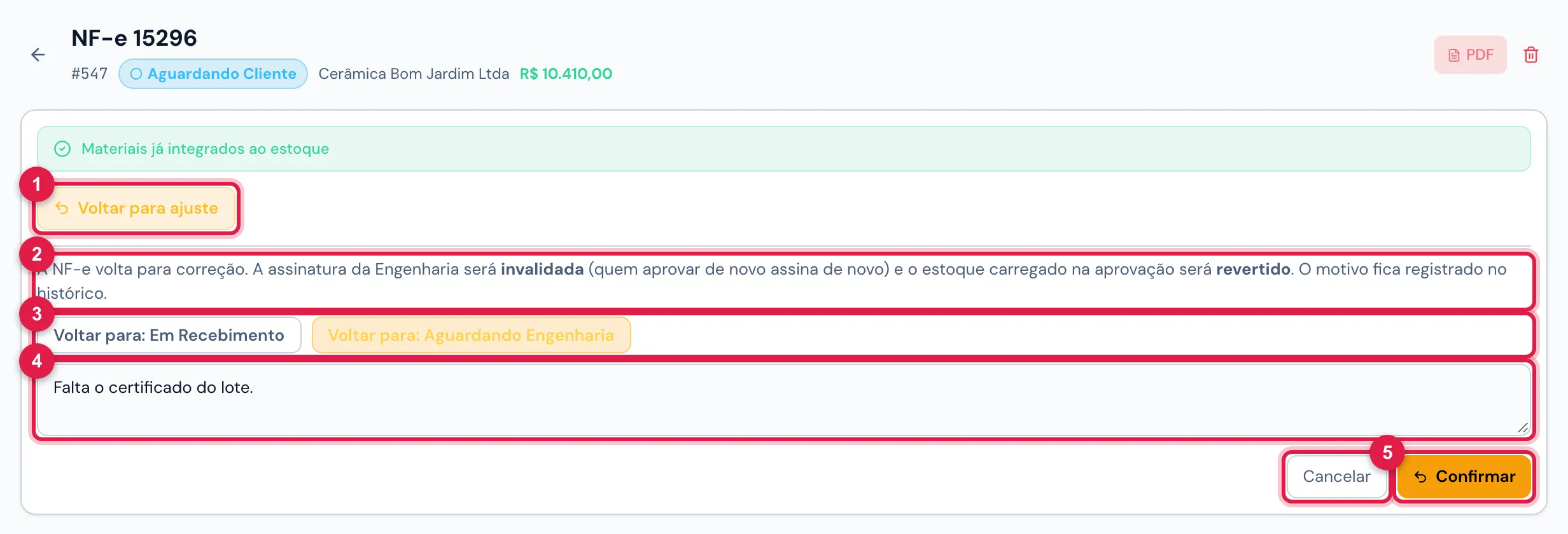Voltar para ajuste na nota 15296, Aguardando Cliente.