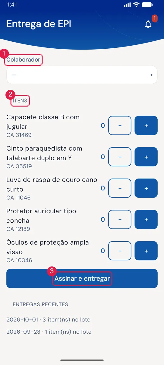 Entrega de EPI: Colaborador, itens do catálogo com CA e −/+, Assinar e entregar; abaixo, Entregas recentes.