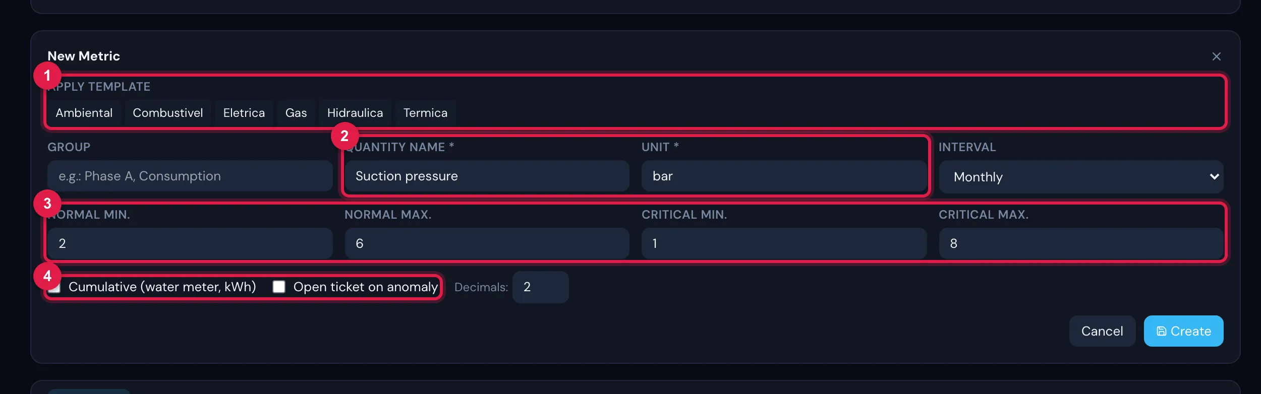 The New Metric form: Apply Template (catalog categories), Group, Quantity Name, Unit, Interval, the normal and critical ranges, Cumulative (water meter, kWh), Open ticket on anomaly and Decimals.