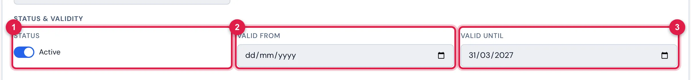 Status & Validity in the record's Edit: Status (Active), Valid from empty and Valid until filled in (not saved yet).