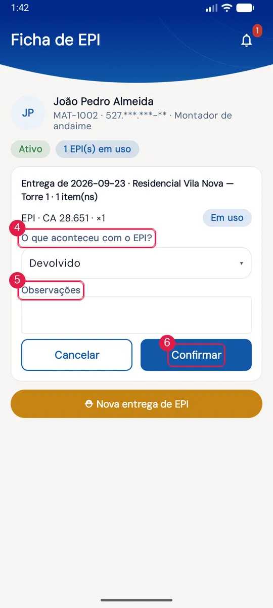 Ficha de EPI: devolução do item (O que aconteceu com o EPI?, Observações, Confirmar).
