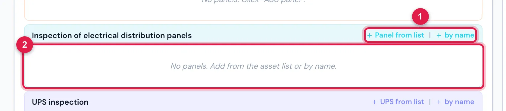 The item Inspection of electrical distribution panels with no panel yet: on the web, each panel comes from the site's asset list or by name and becomes a row with Criticality (Critical, Regular, Minimal, None), Non-conformity description, Technical guidance, Notes and photos with captions.