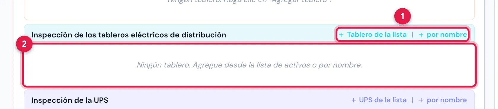 El ítem Inspección de los tableros eléctricos de distribución todavía sin tablero: en el web, cada tablero entra desde la lista de activos del sitio o por nombre y se convierte en una fila con Criticidad (Crítico, Regular, Mínimo, Ninguna), Descripción de la no conformidad, Orientaciones técnicas, Observaciones y fotos con leyenda.