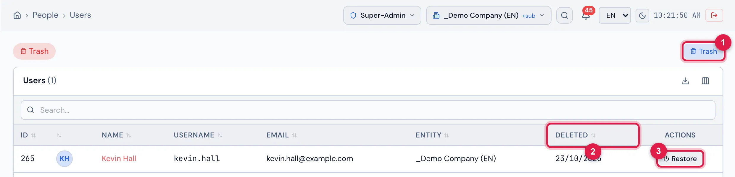 The user list in Trash mode: the Deleted column with the date and, on each row, Restore.