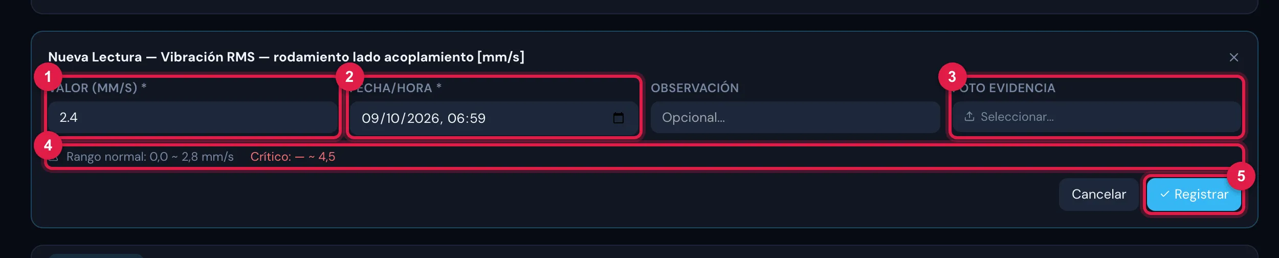 El formulario Nueva Lectura de una métrica: valor con la unidad, fecha y hora, observación, foto evidencia y la línea con el Rango normal y el Crítico.