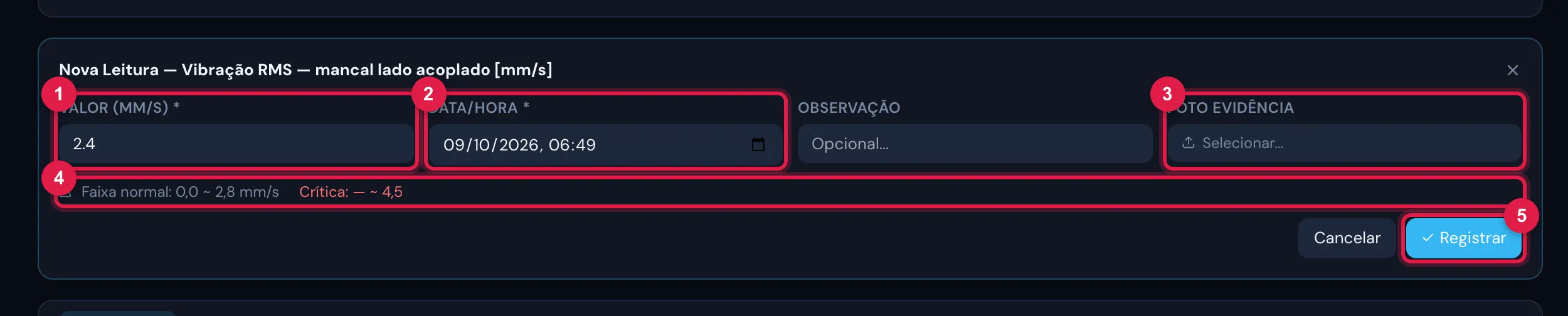 O formulário Nova Leitura de uma métrica: valor com a unidade, data e hora, observação, foto evidência e a linha com a Faixa normal e a Crítica.