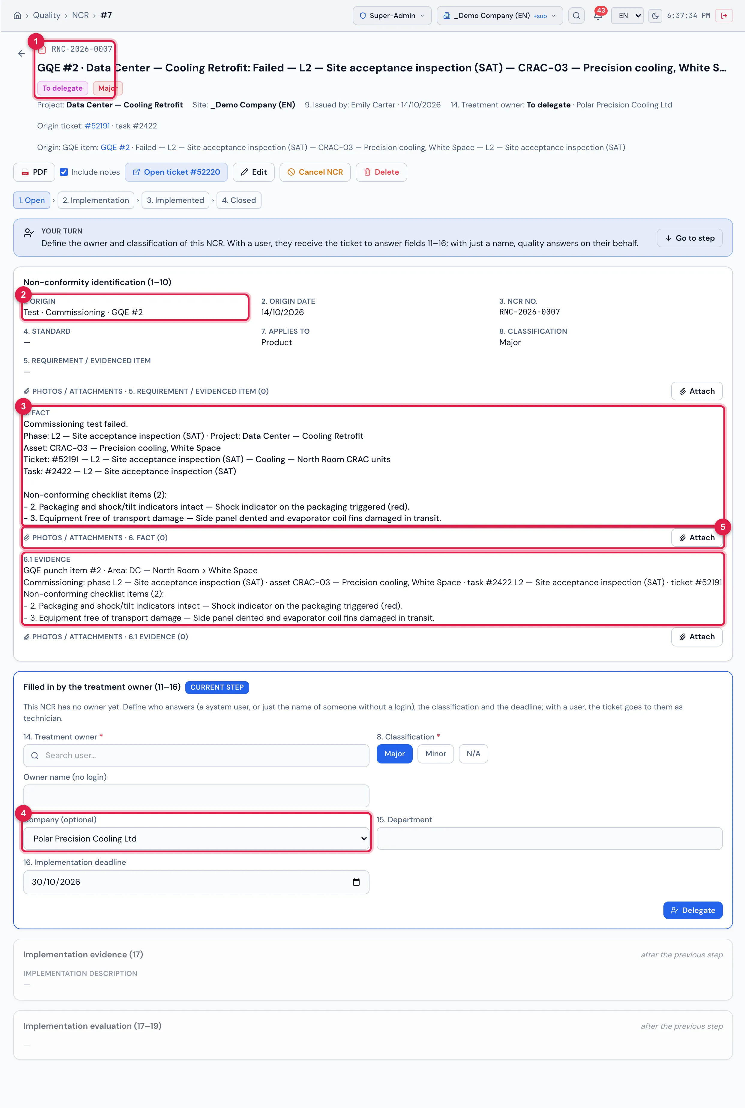 The NCR opened from the GQE item of the transport damage of CRAC-03 at receiving (L2): origin Test, the origin report number "Commissioning · GQE #N", the fact and the evidence coming from the GQE item, the supplier company of the asset and the To delegate state. The classification Major was set when this example was created; through the Escalate to NCR button it comes as Minor (table below).