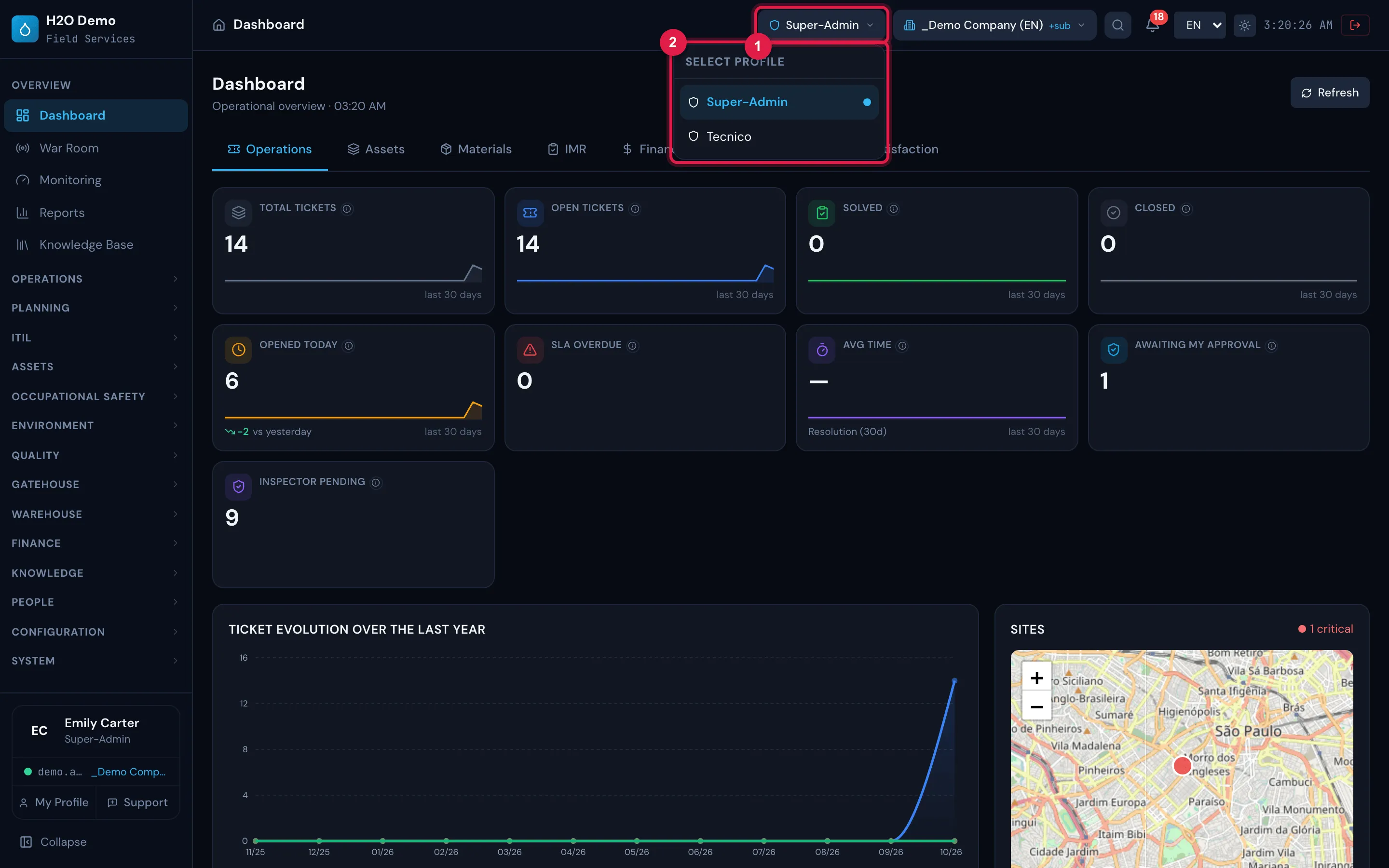 Select profile open in the header: the user's two profiles — Super-Admin, the active one, highlighted, and Tecnico.