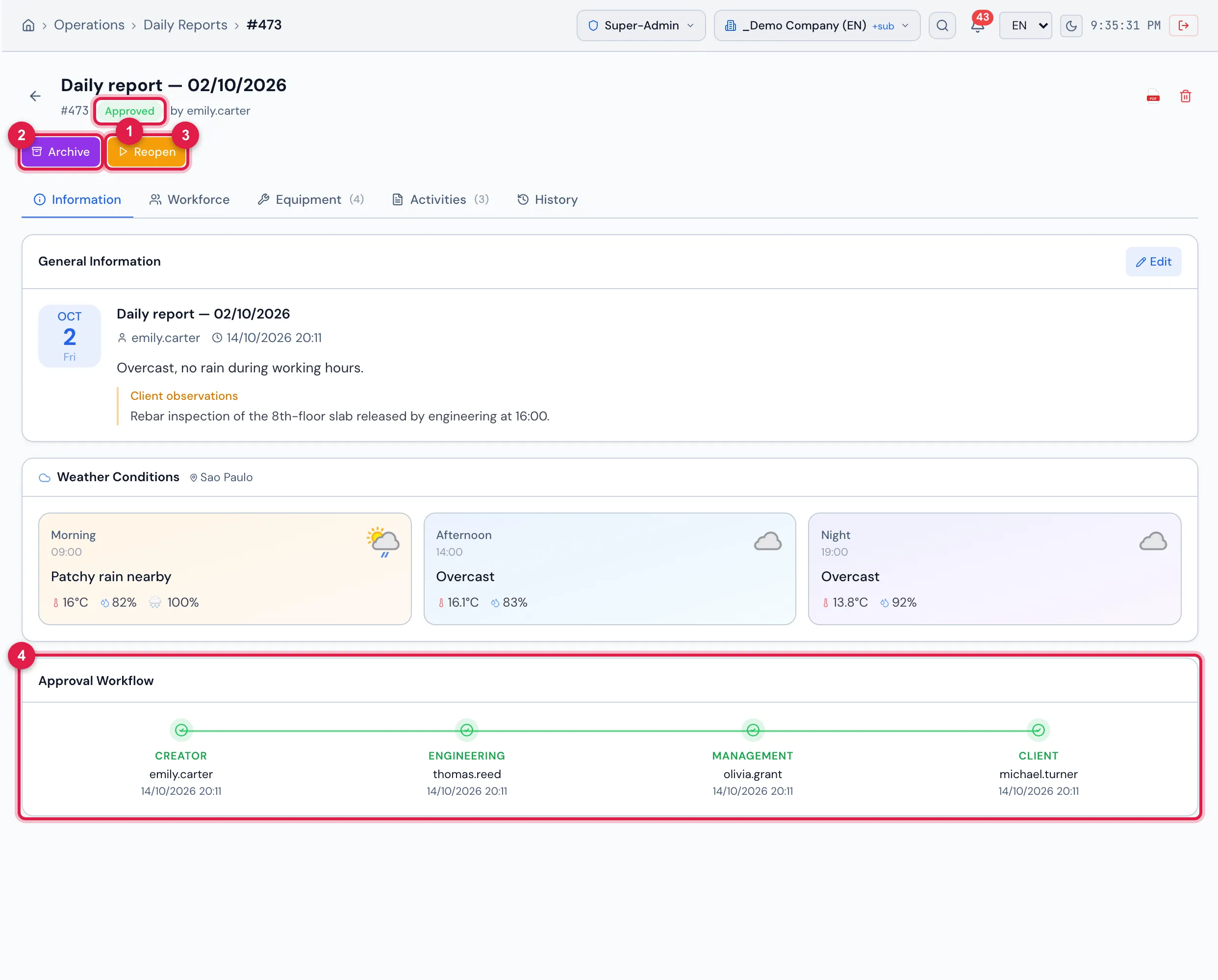 An Approved daily report: the four steps of the Approval Workflow completed — thomas.reed (engineering), olivia.grant (management) and michael.turner (client) — and the Archive and Reopen buttons.